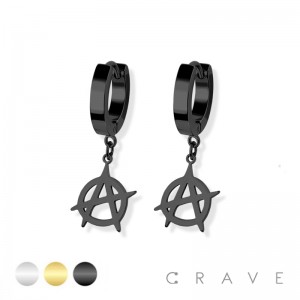 PAIR OF 316L STAINLESS STEEL HUGGIE/HOOP EARRINGS ANARCHY SYMBOL DANGLE