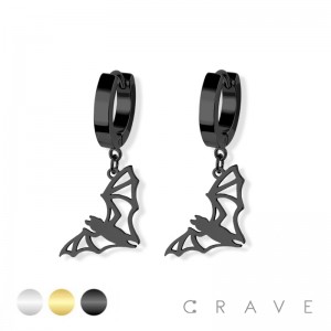 PAIR OF 316L STAINLESS STEEL HUGGIE/HOOP EARRINGS WITH BAT DANGLE