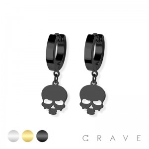PAIR OF 316L STAINLESS STEEL HUGGIE/HOOP EARRINGS WITH SKULL DANGLE