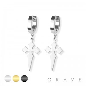 PAIR OF 316L STAINLESS STEEL HUGGIE/HOOP EARRINGS WITH  CROSS DAGGER DANGLE