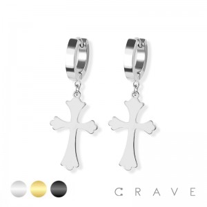 PAIR OF 316L STAINLESS STEEL HUGGIE/HOOP EARRINGS WITH GOTHIC CROSS DAGGER