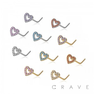 CZ PAVED HEART 316L SURGICAL STEEL L-SHAPE NOSE STUD