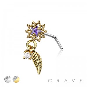 FEATHER STARBURST 316L SURGICAL STEEL L-SHAPE NOSE STUD