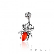 RED SPIDER AND WEB WITH CZ DANGLE 316L SURGICAL STEEL NAVEL BELLY RING