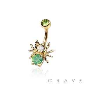 SPIDER WITH LIGHT GREEN GEM CZ 316L SURGICAL STEEL NAVEL BELLY RING