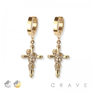 PAIR OF 316L STAINLESS STEEL HUGGIE/HOOP EARRINGS WITH SNAKE ON CROSS