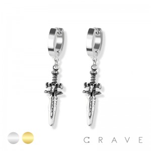 PAIR OF 316L STAINLESS STEEL HUGGIE/HOOP EARRINGS WITH RUNIC DAGGER DANGLE