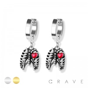 PAIR OF 316L STAINLESS STEEL HUGGIE/HOOP EARRINGS WITH RIB CAGE DANGLE