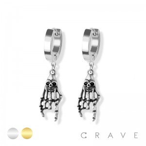 PAIR OF 316L STAINLESS STEEL HUGGIE/HOOP EARRINGS WITH SKULL HAND DANGLE