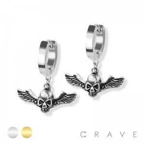PAIR OF 316L STAINLESS STEEL HUGGIE/HOOP EARRINGS WITH SKULL WING DANGLE