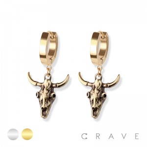 PAIR OF 316L STAINLESS STEEL HUGGIE/HOOP EARRINGS WITH BULL SKULL DANGLE