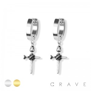 PAIR OF 316L STAINLESS STEEL HUGGIE/HOOP EARRINGS WITH CROSS STAKE DANGLE