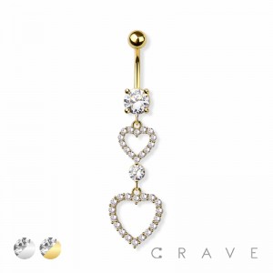 DOUBLE HEART CZ PRONG 316L SURGICAL STEEL NAVEL BELLY RING