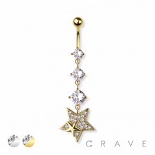 TRIPLE CZ GEM STAR 316L SURGICAL STEEL NAVEL BELLY RING