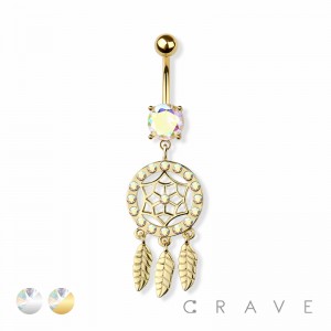CZ PAVED DREAMCATCHER 316L SURGICAL STEEL NAVEL BELLY RING