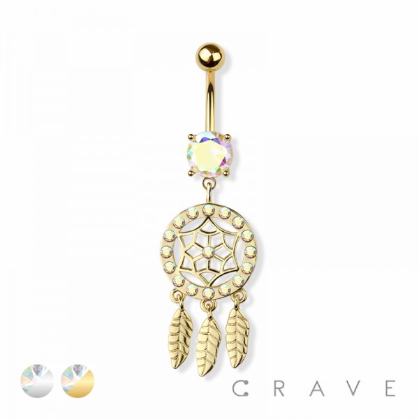 CZ PAVED DREAMCATCHER 316L SURGICAL STEEL NAVEL BELLY RING