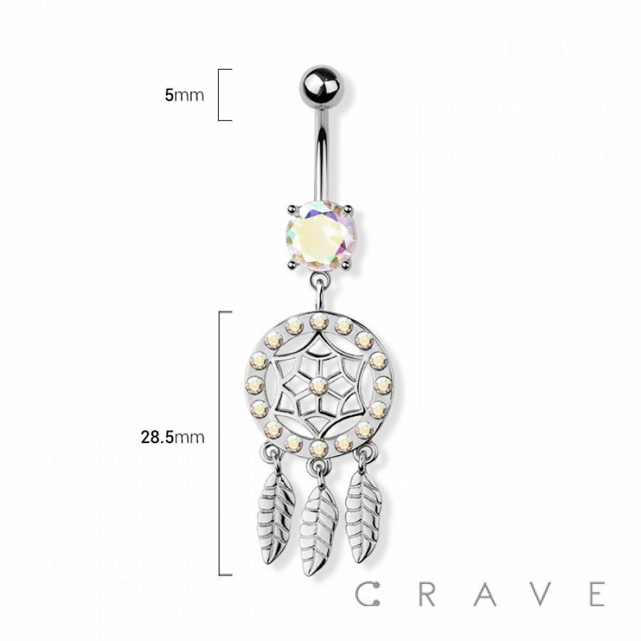 Cz Paved Dreamcatcher 316l Surgical Steel Navel Belly Ring 0942