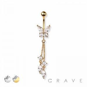 BUTTERFLY CHAIN DANGLE 316L SURGICAL STEEL NAVEL BELLY RING