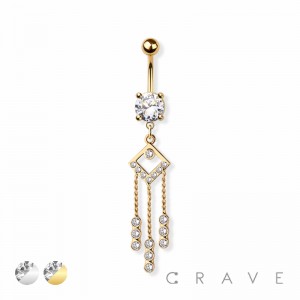 SQUARE CZ GEM CHAIN DANGLE 316L SURGICAL STEEL NAVEL BELLY RING