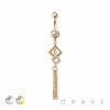 TWO SQUARE CZ GEM CHAIN DANGLE 316L SURGICAL STEEL NAVEL BELLY RING