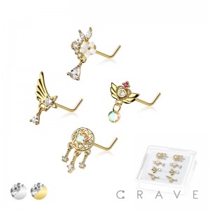 8PCS OF ASSORTED CZ DANGLE 316L SURGICAL STEEL L-SHAPE NOSE STUD BOX