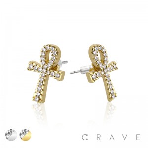 ANKH CROSS PAIR OF MICRO PAVED STAINLESS STEEL PIN EARRINGS