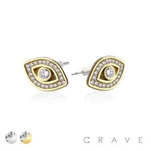 EVIL EYE PAIR OF MICRO PAVED STAINLESS STEEL PIN EARRINGS