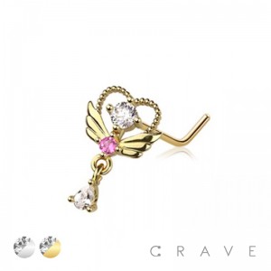 WINGED HEART 316L SURGICAL STEEL L-SHAPE NOSE STUD