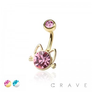 KITTY WITH GEM 316L SURGICAL STEEL NAVEL NON DANGLE BELLY RING