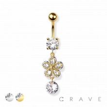 FLOWER WITH GEM DANGLE 316L SURGICAL STEEL NAVEL RING