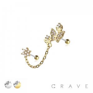 BUTTERFLY AND FLOWER 316L SURGICAL STEEL CHAIN CARTILAGE BARBELL
