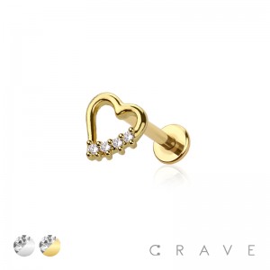 HEART WITH PRONG GEM CZ ONE SIDE INTERNALLY THREADED 316L SURGICAL STEEL LABRET BAR