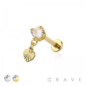 CZ PRONG WITH HEART INTERNALLY THREADED 316L SURGICAL STEEL LABRET