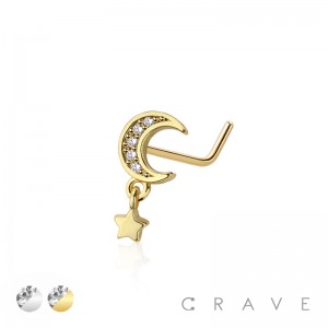 HALF MOON CZ PAVED GEM WITH DANGLE STAR 316L SURGICAL STEEL L-SHAPE NOSE STUD
