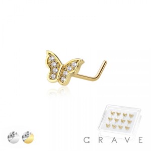 12PCS OF CZ GEM PAVED BUTTERFLY 316L SURGICAL STEEL L-SHAPE NOSE BOX