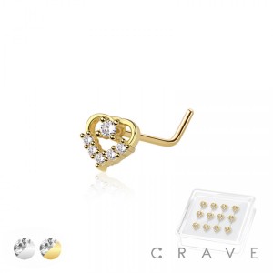 12PCS OF CZ BOTTOM GEM HEART 316L SURGICAL STEEL L-SHAPE NOSE BOX