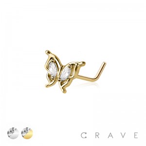 CZ PAVED GEM BUTTERFLY 316L SURGICAL STEEL L-SHAPE NOSE STUD