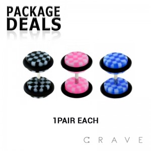 6PCS CHECKERED PATTERN ACRYLIC FAKE PLUG W/ O-RINGS