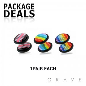 6PCS STRIPED PATTERN ACRYLIC FAKE PLUG W/ O-RINGS PACK