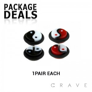 4PCS YIN YANG LOGO ACRYLIC FAKE PLUG W/ O-RINGS PACK
