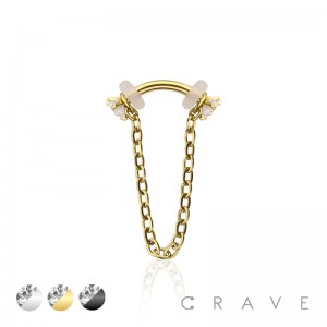 316L SURGICAL STEEL CZ PRONG CURVED BARBELL WITH CHAIN 