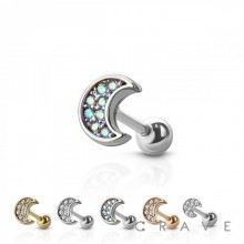 316L SURGICAL STEEL CARTILAGE BARBELL WITH GEM PAVED CRESCENT MOON