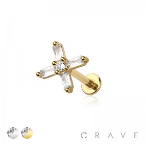 CZ PRONG PAVED CROSS GEM INTERNALLY THREADED 316L SURGICAL STEEL LABRET STUD SET