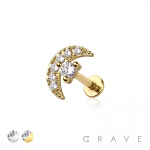 CZ PAVED CRESCENT MOON INTERNALLY THREADED 316L SURGICAL STEEL LABRET STUD SET