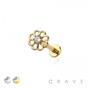 ROUND FLOWER WITH CENTER CZ PRONG PAVED GEM INTERNALLY THREADED 316L SURGICAL STEEL LABRET STUD SET
