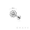 ROUND FLOWER WITH CENTER CZ PRONG PAVED GEM INTERNALLY THREADED 316L SURGICAL STEEL LABRET STUD