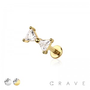 RIBBON CZ PRONG GEM INTERNALLY THREADED 316L SURGICAL STEEL LABRET STUD SET