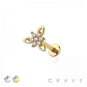 BOOMERANG WITH CZ FLOWER PRONG ON TOP INTERNALLY THREADED 316L SURGICAL STEEL LABRET SET