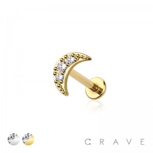 CZ PAVED GEM CRESCENT MOON INTERNALLY THREADED 316L SURGICAL STEEL LABRET SET