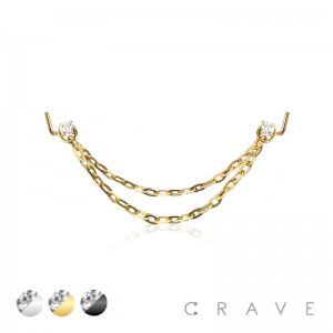316L SURGICAL STEEL DOUBLE NOSE CHAIN WITH CZ PRONG NOSE L-BEND STUD